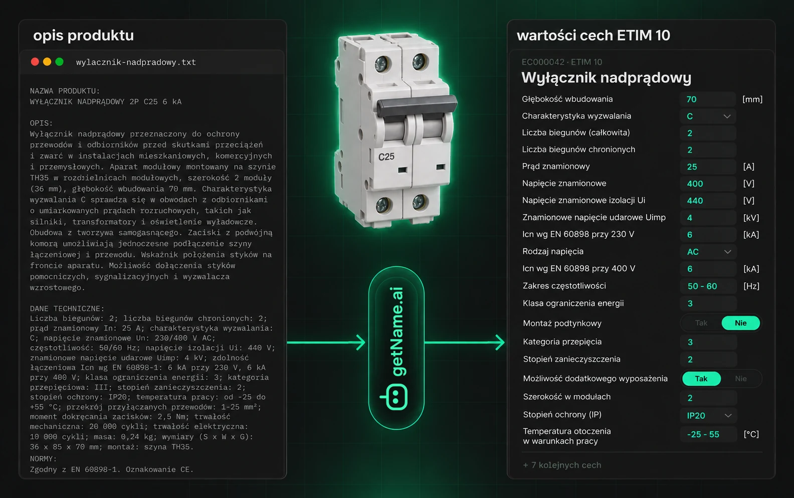 Opis wyłącznika nadprądowego 2P C25 6 kA przetworzony przez getName.ai na wartości cech klasy EC000042 w ETIM 10